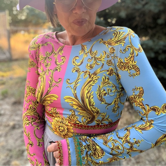 New! Bold Neon Color Block Italian Design Long Sleeve Bodysuit - Picture 7 of 8